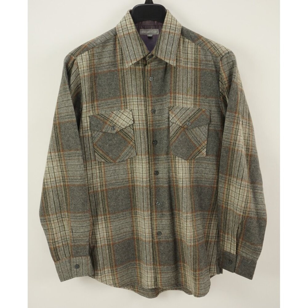 Vintage 1980s‎ Shadow Plaid Wool Board Shirt Men's Medium Gray Brown Button Up